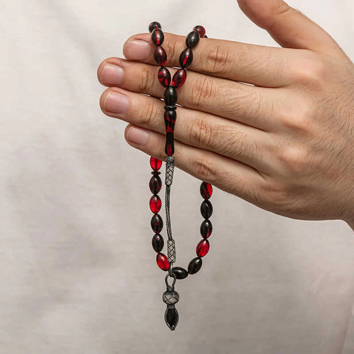 Supertrend Gümüş 1000 Ayar Kazaz Püsküllü Sıkma Kehribar Tesbih