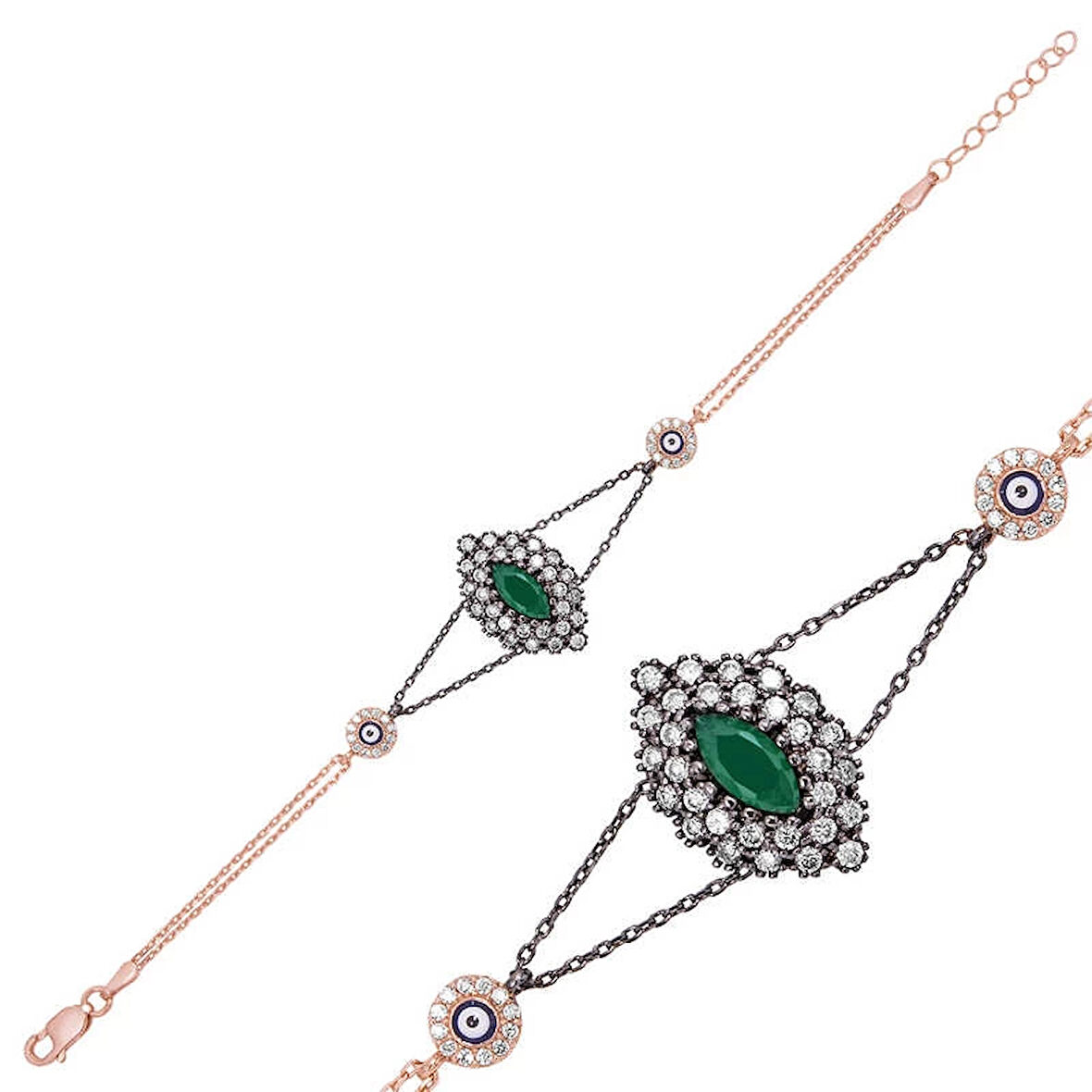 Supertrend Gümüş Rose Mat Yeşil Taşlı Otantik Bileklik