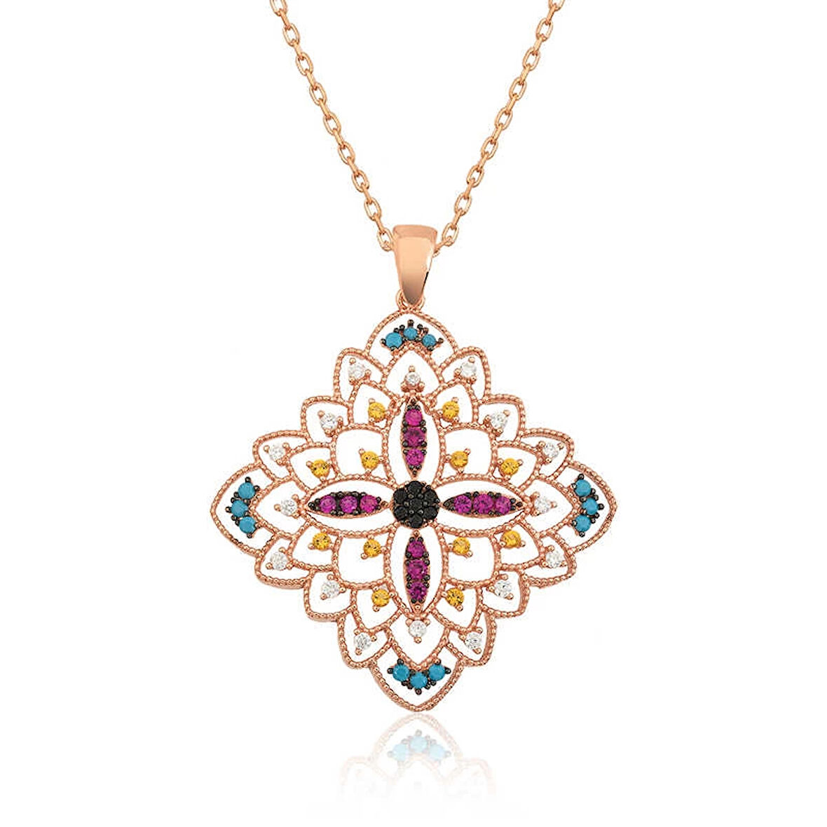 Supertrend Gümüş Rose Etnik Desenli Madalyon Kolye