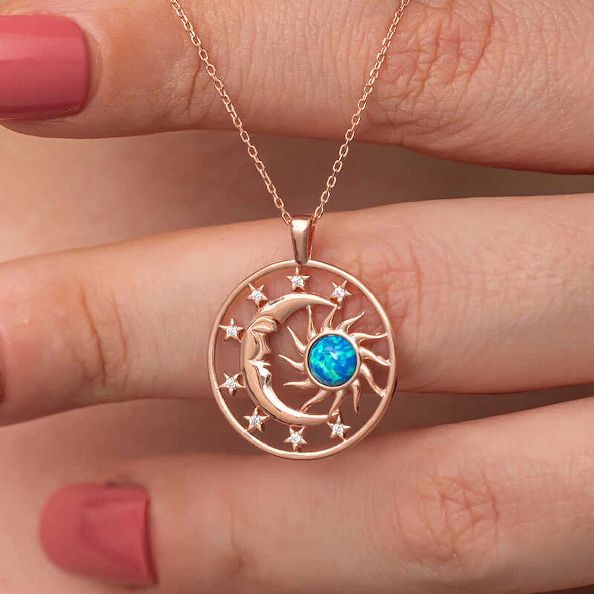 Supertrend Gümüş Rose Opal Mavi Taşlı Ay Güneş Kadın Kolye