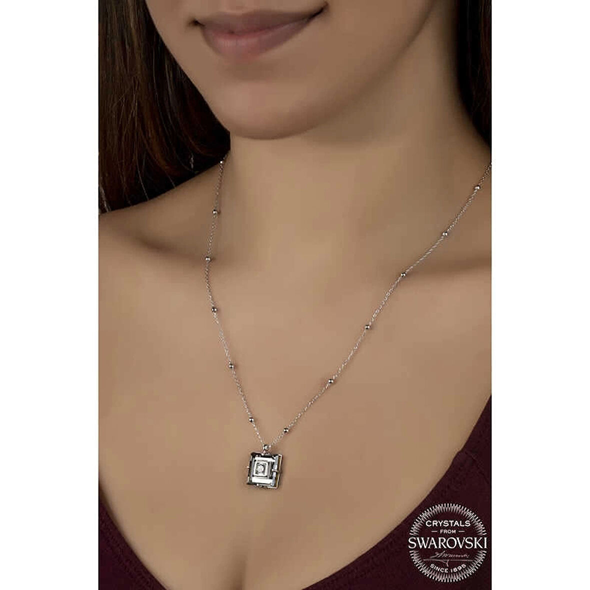 Supertrend ' Crystal Taşlı Top Zincir Siyah Elmas Gümüş Kadın Kolye