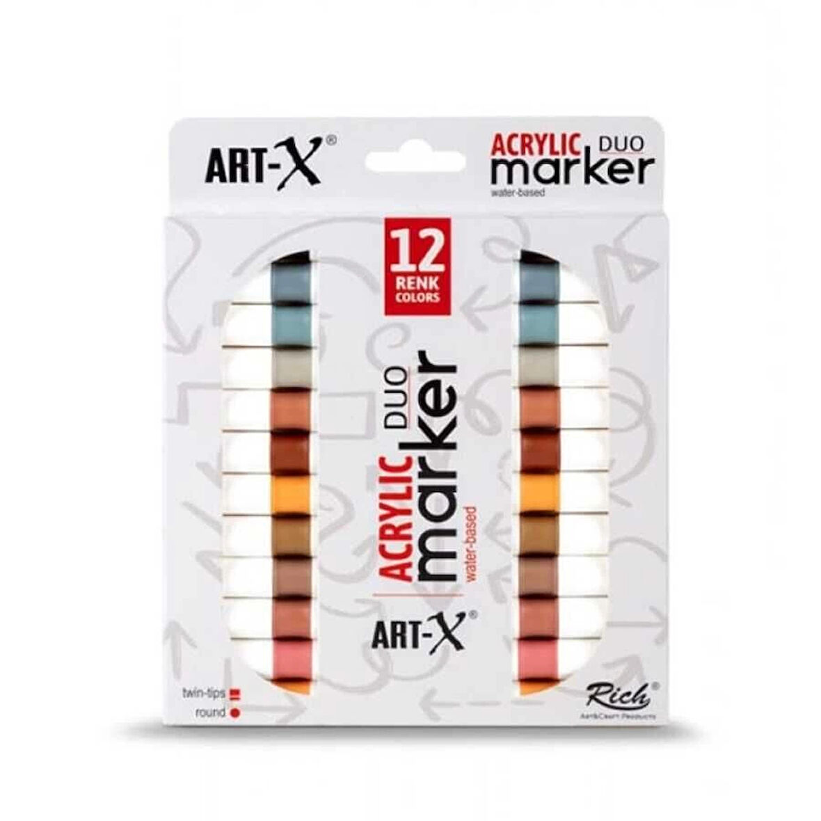 Supertrend Supertrend Acrylic Duo Marker Çift Uçlu Su Bazlı Akrilik Boyama Markörü Seti 12 Renk Clay Series