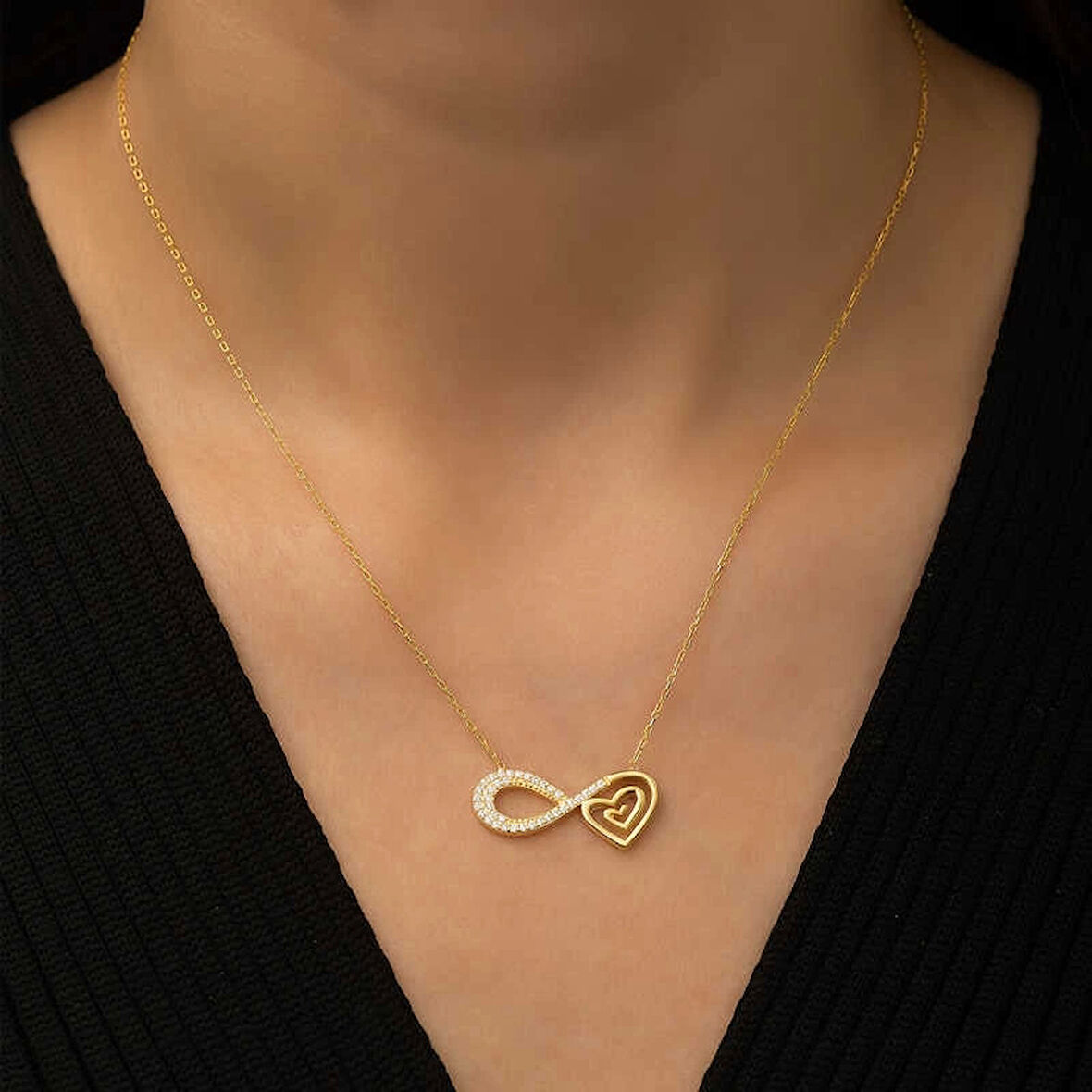 Supertrend Gümüş Gold Kalpli Sonsuzluk Kolye