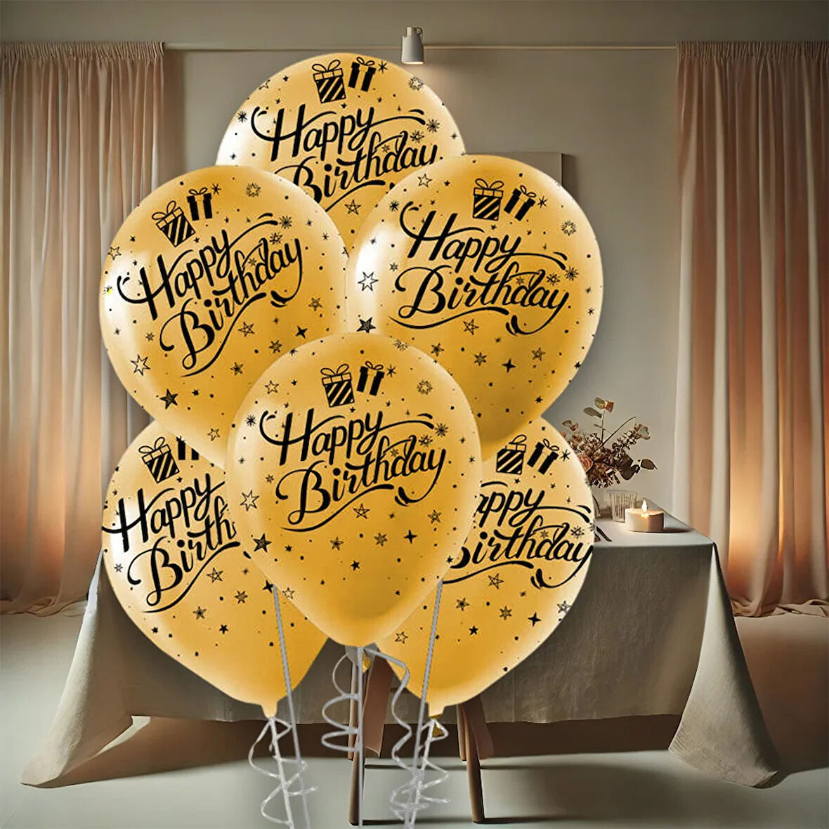 Siyah Happy Birthday Baskılı Metalik Altın Balon 12"