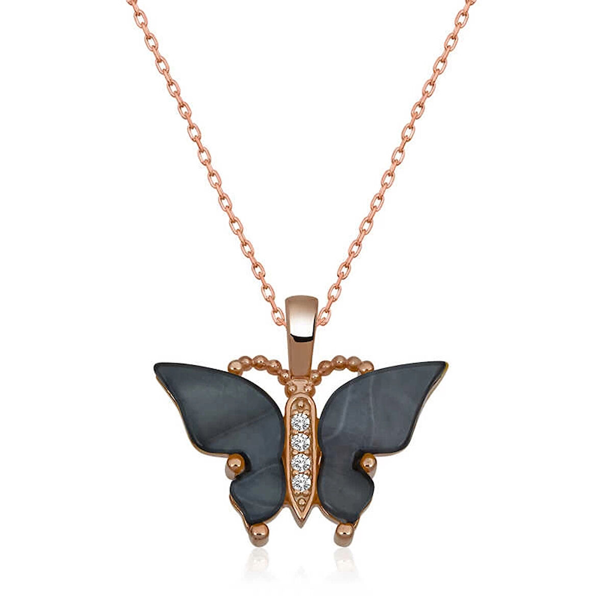 Supertrend Gümüş Rose Antrasit Kaplangözü Taşlı Kelebek Kolye