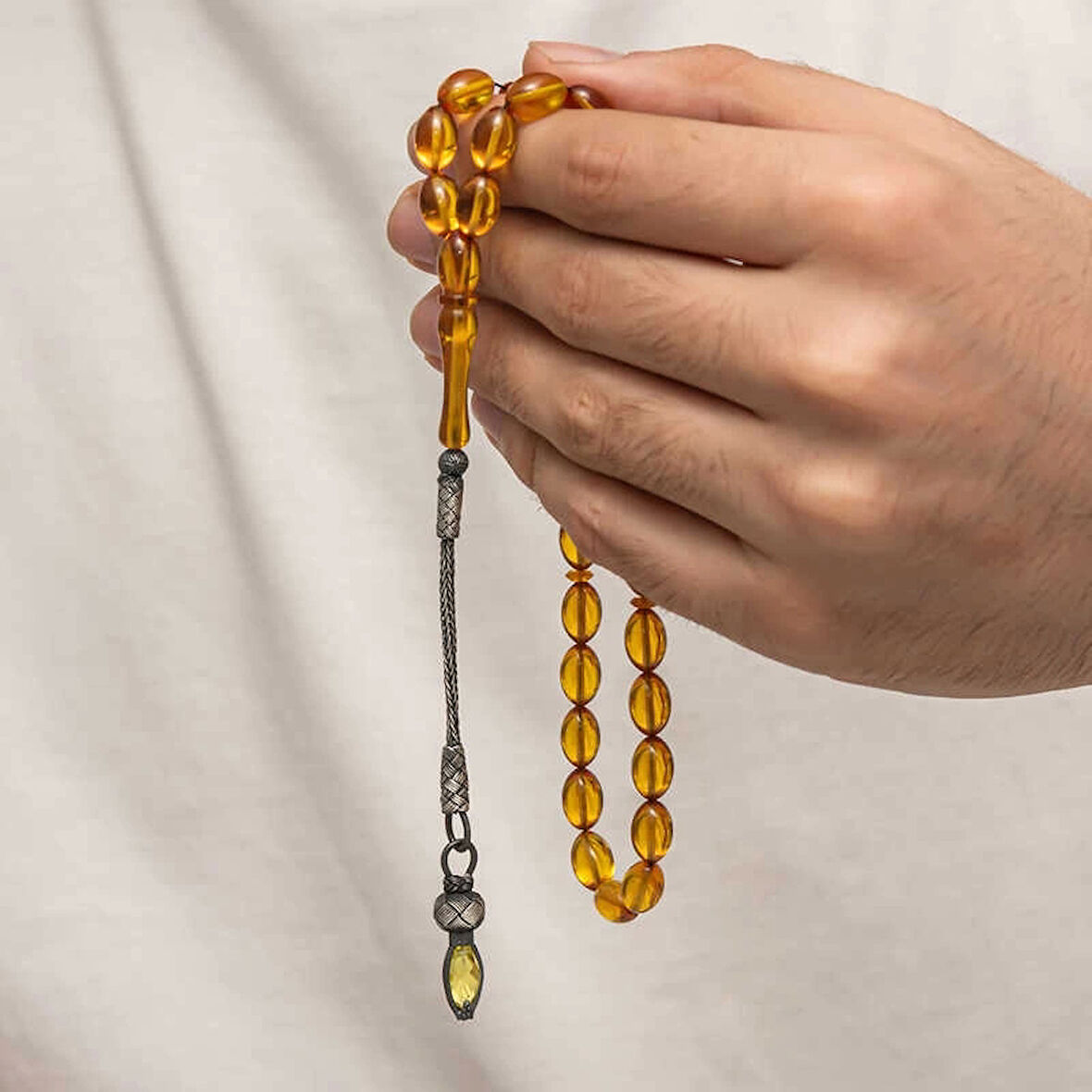 Supertrend Gümüş 1000 Ayar Kazaz Püsküllü Sıkma Kehribar Tesbih