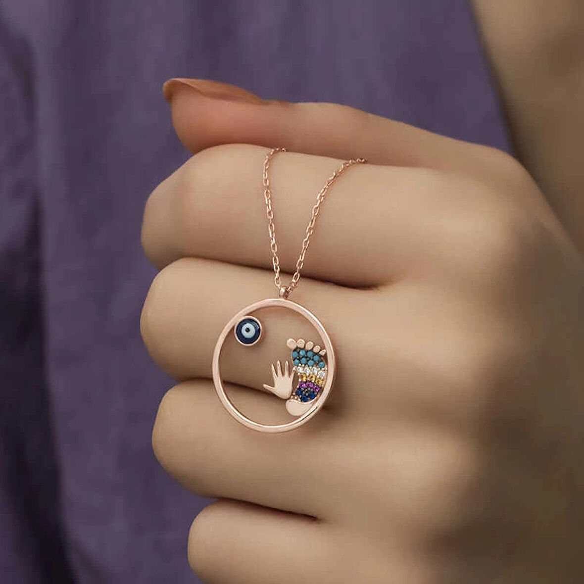 Supertrend Gümüş Rose Nazarlı El Ve Ayak İzi Kadın Kolye