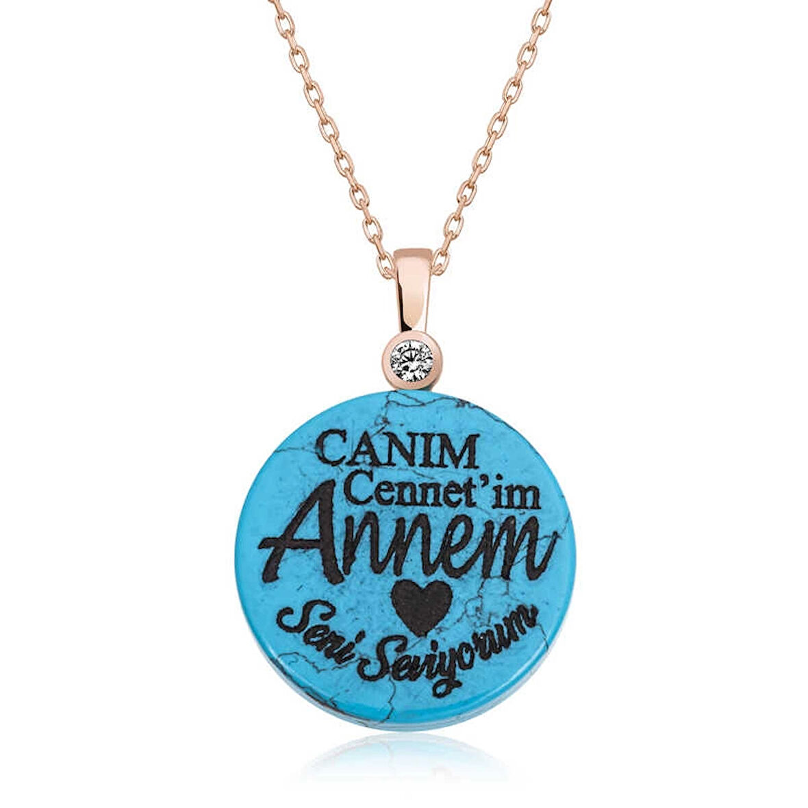 Supertrend ​gümüş Rose Turkuaz Taşlı Annem Yazılı Kadın Kolye