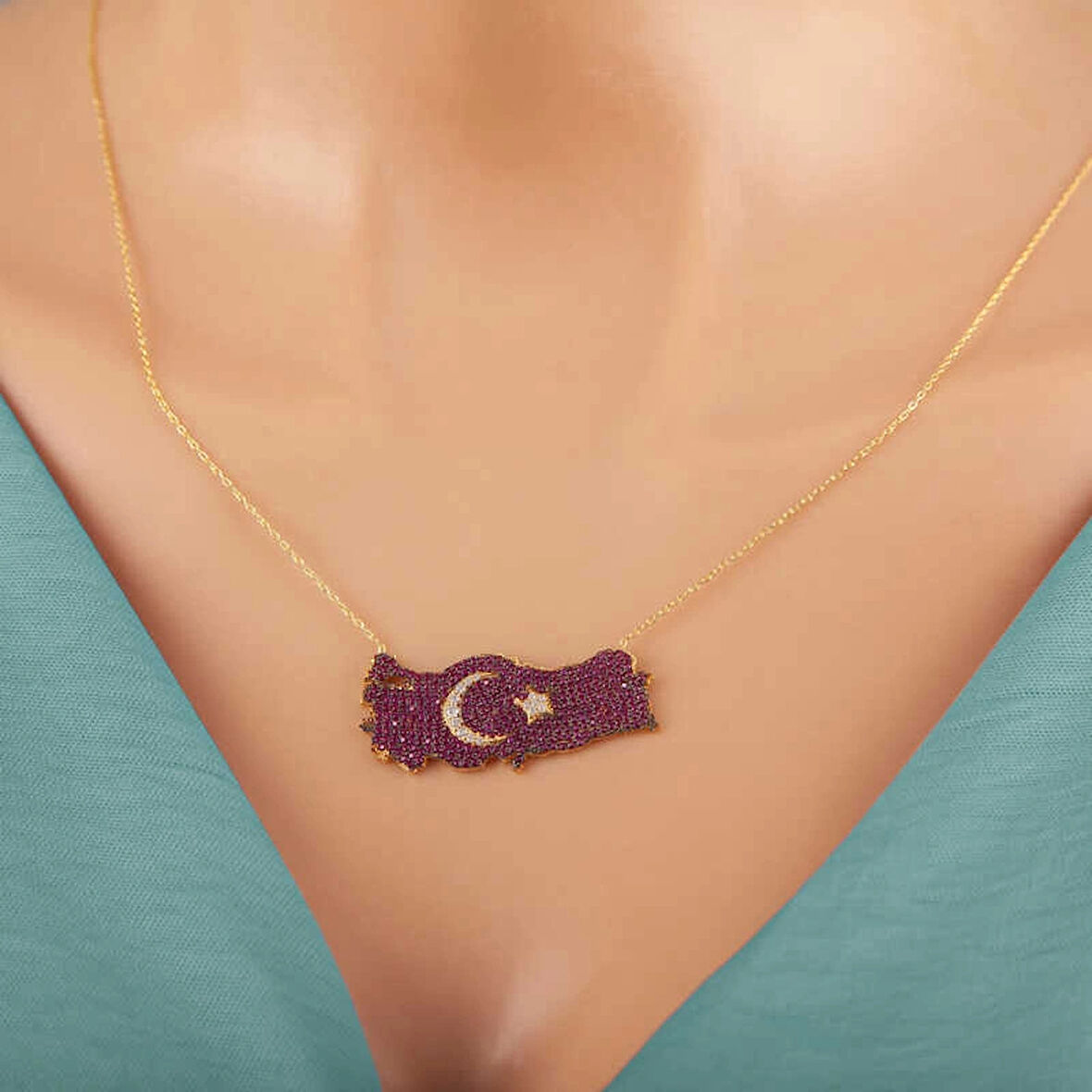 Supertrend Gümüş Gold Ay Yıldız Türkiye Haritası Kadın Kolye