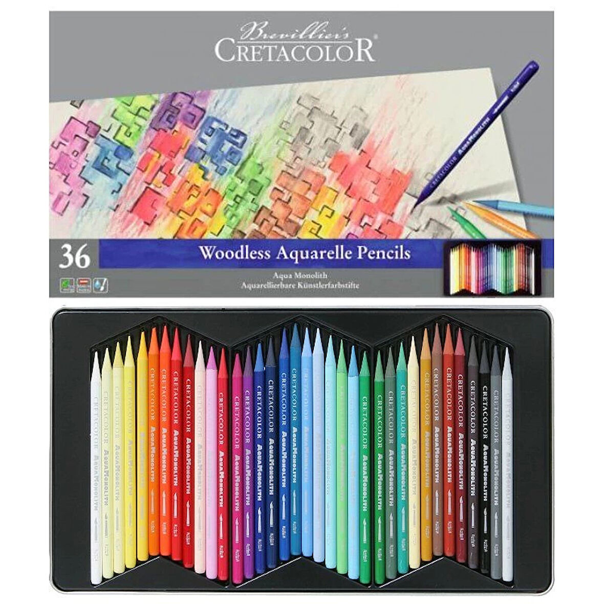 Supertrend Aqua Monolith Ağaçsız Sulandırılabilr Aquarell Boya Kalemi Seti 36 Renk Metal Kutu