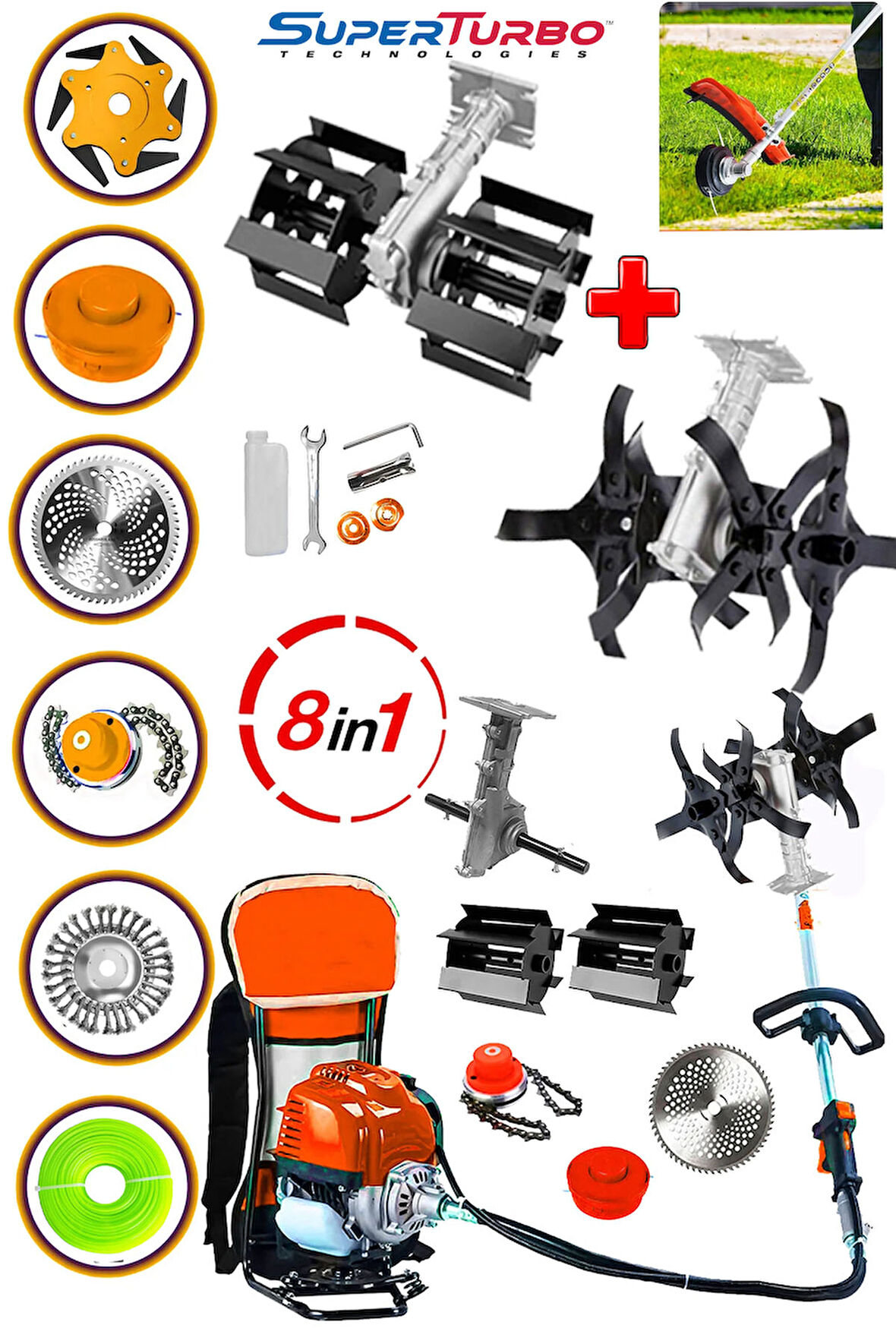 Germany 20HPX Sırt Tipi 8 Parçalı Benzinli Motorlu Ot Çalı Tırpanı + Toprak Eşeleme + Akrobat Çapa