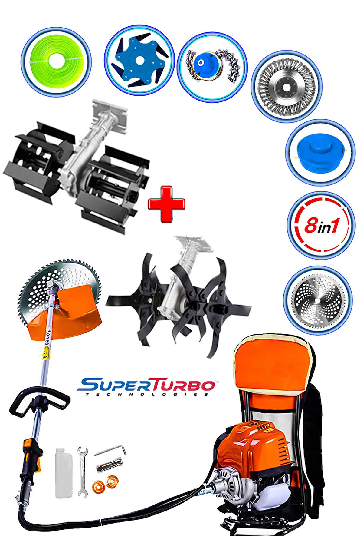 Germany 8IN1 8 Multi Başlıklı Benzinli Sırt Tırpan Ot Biçme Çapalama Makinesi + 2 Super Çapa Seti