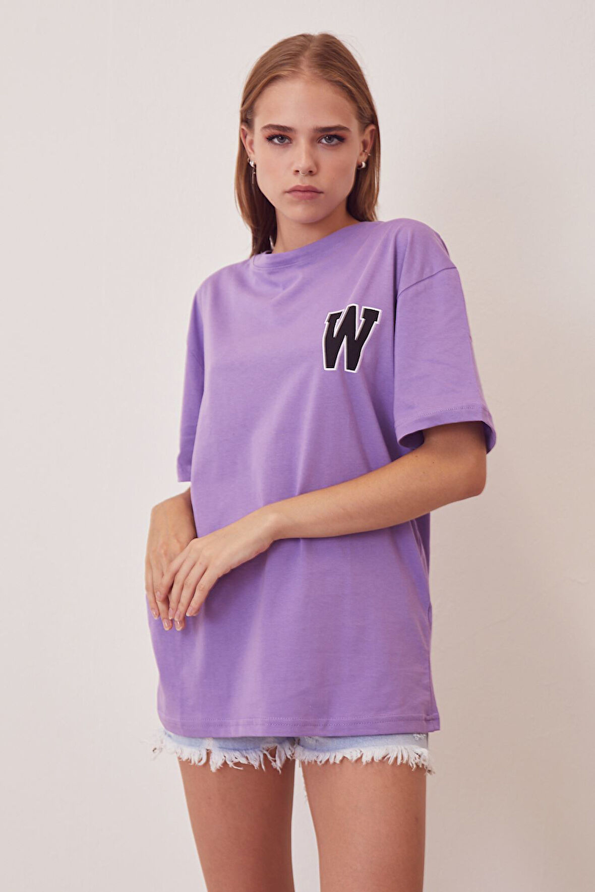 W Baskılı T-shirt-Mor