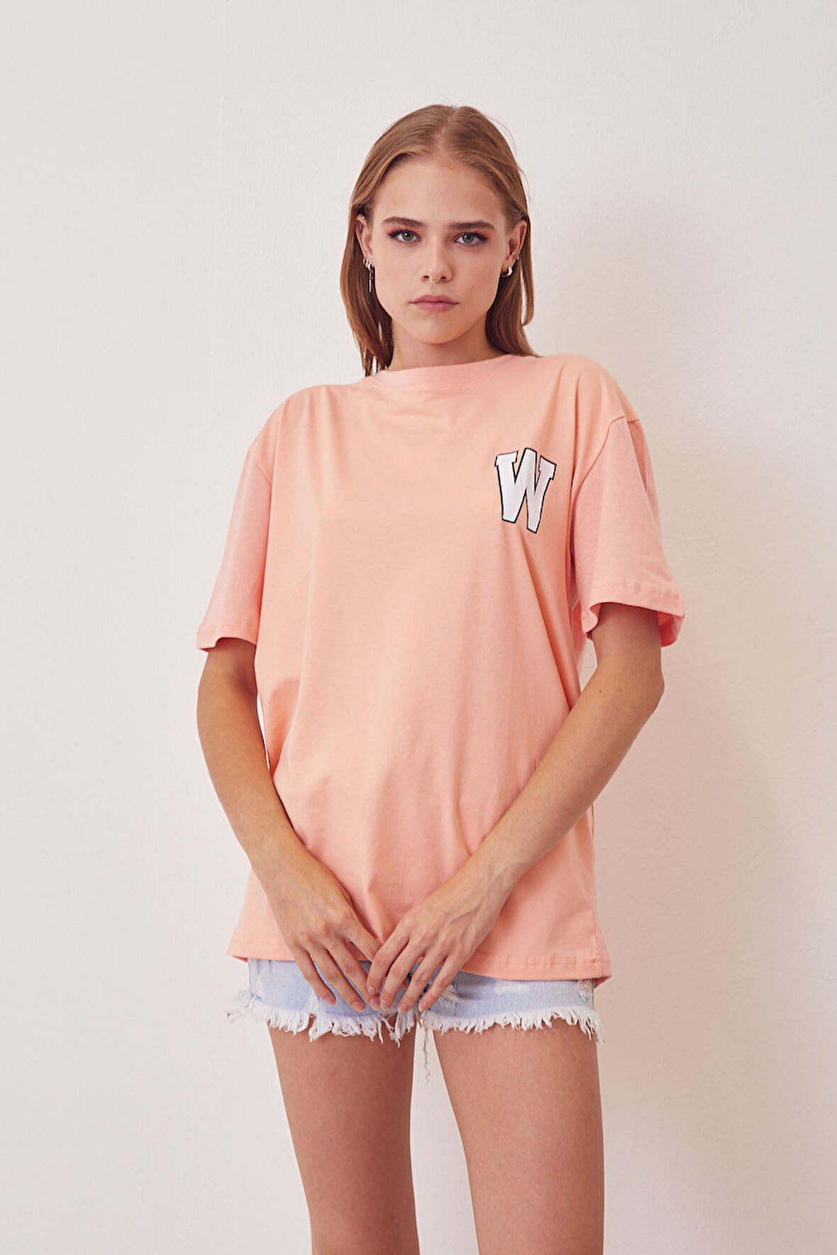 W Baskılı T-shirt-Somon