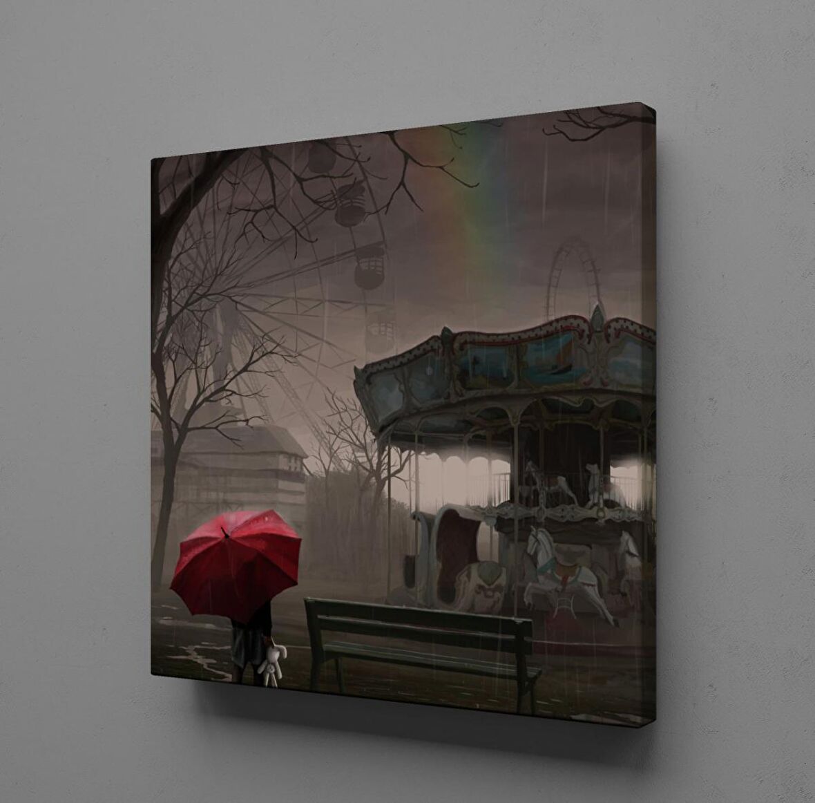 ATLI KARINCA VE KIRMIZI ŞEMSİYELİ ÇOCUK TEMALI KANVAS TABLO