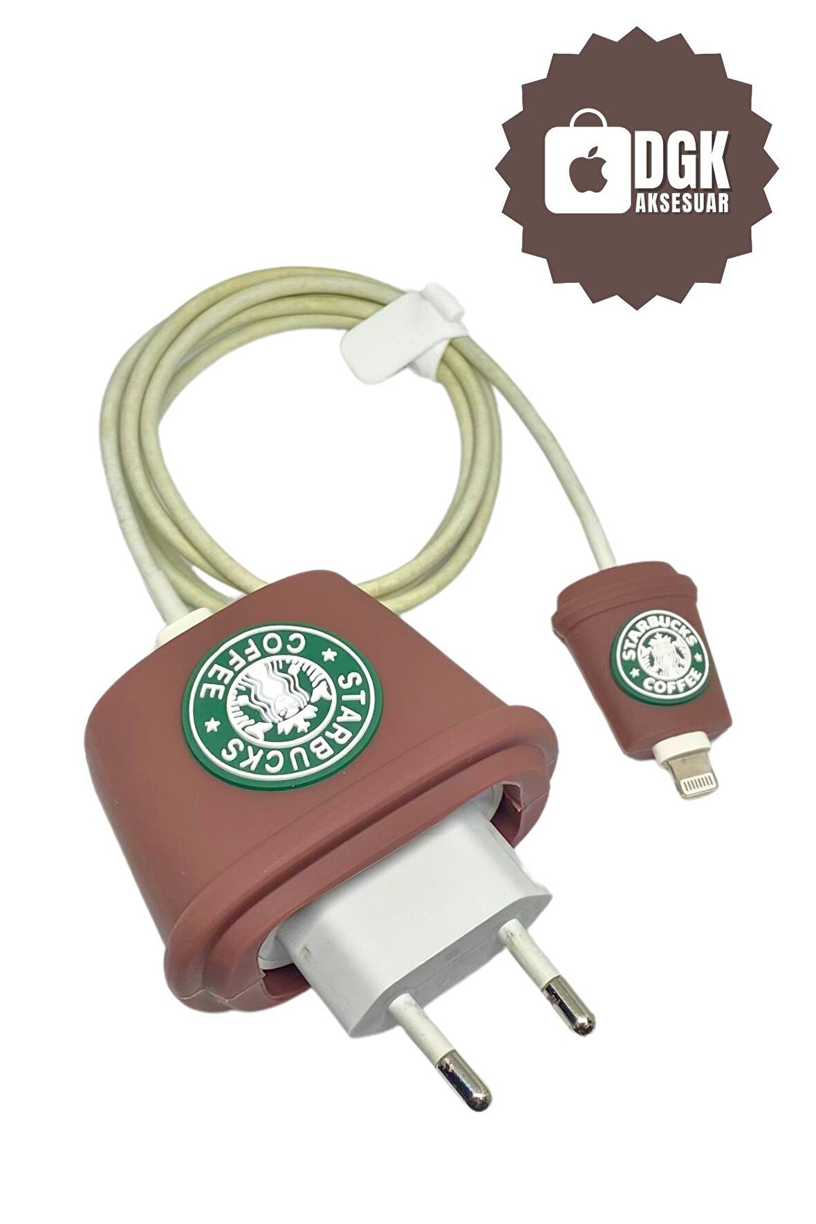 Apple 18-20 Watt Hızlı Şarj Uyumlu Şarj Başlığı Ve Kablo Koruyucu Set Kahverengi Starbucks Figürlü
