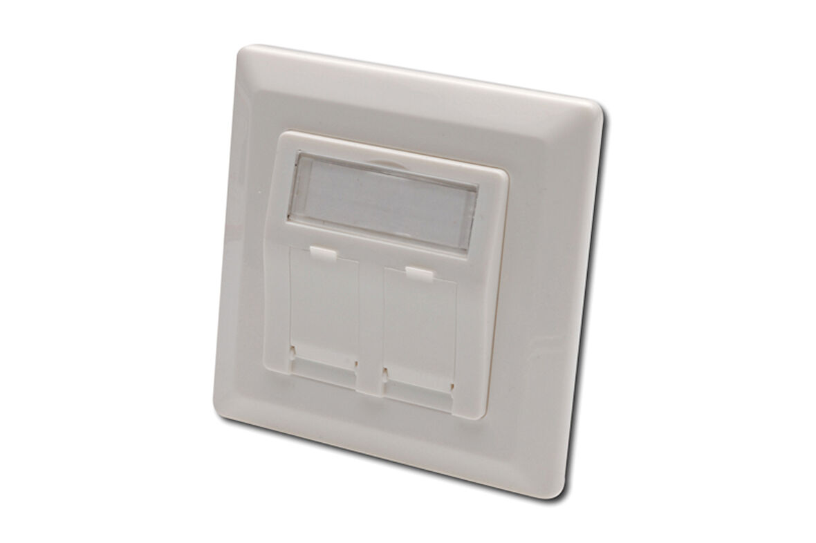 Digitus Keystone Jack Takmak İçin 2 li Priz (50/50 mm) Çerçevesi (80/80 mm), tozdan korumak amacıyla kapaklı, Beyaz Renk RAL 9010