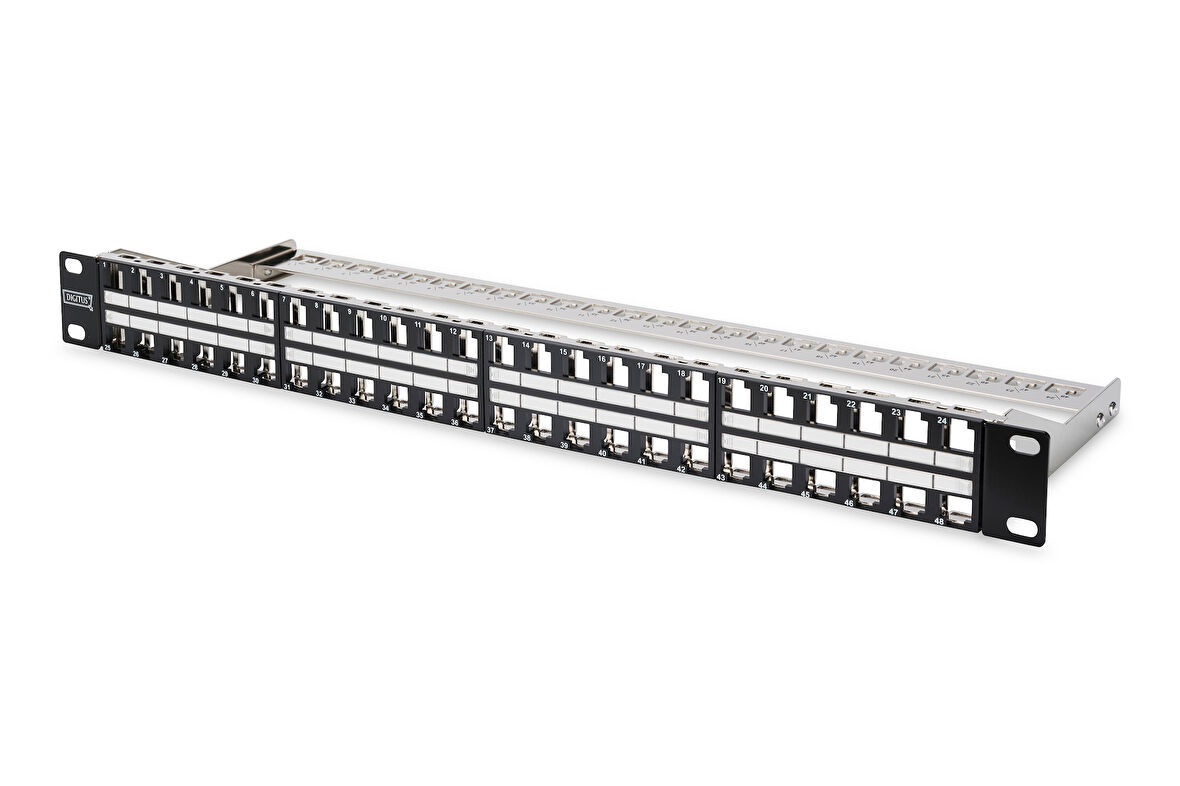 Digitus 48 Port Boş Patch Panel, Zırhlı Keystone Jack Takılabilir, 1U Yüksekliğinde, siyah RAL 9005 renk