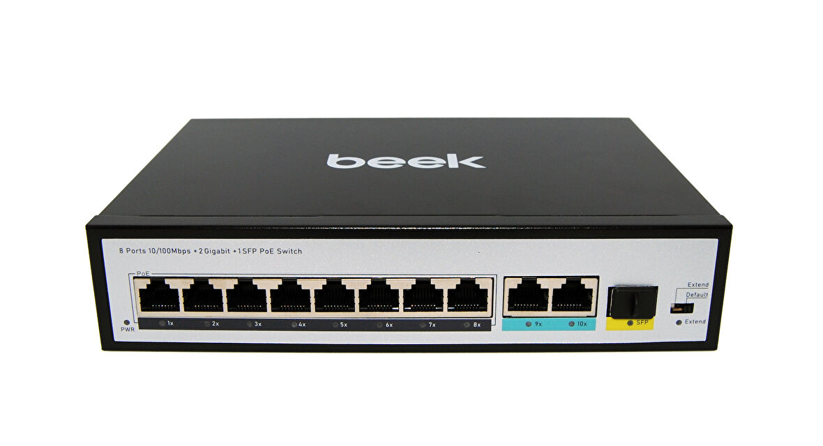 Beek Yönetilemeyen PoE+ Switch&lt;br&gt;
8 x 10/100BASE-T IEEE802.3af/at PoE+ port (Port başına 30.8 watt) (PoE Güç Bütçesi maks. 120 Watt)&lt;br&gt;
2 x 10/100/1000BASE-T port (combo)&lt;br&gt;
1 x 1