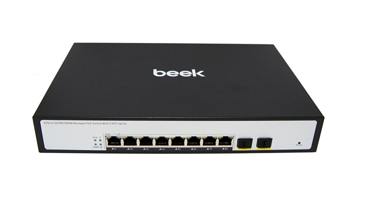 Beek L2 Yönetilebilir PoE Switch&lt;br&gt;
8 x 10/100/1000Mbps IEEE802.3af/at PoE+ port (Port başına 30.8 watt) (PoE Güç Bütçesi maks. 120 Watt) &lt;br&gt;
2 x 10/100/1000BASE-T SFP yuva&lt;br&gt;
Bee