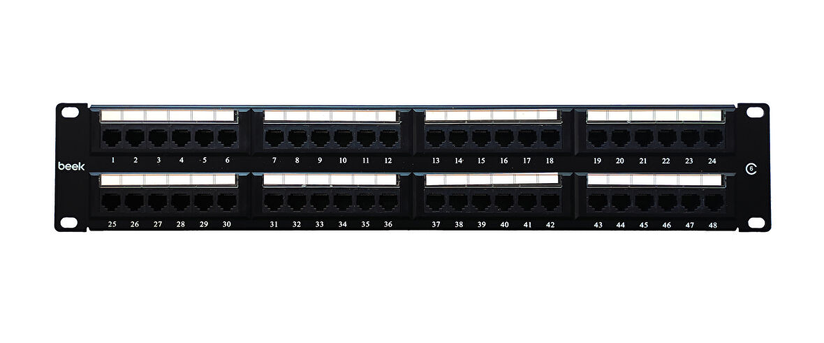 Beek 48 Port Cat6 UTP Patch Panel, 8P8C, Altın Kontak, LSA, 2U, zırhsız/unshielded, kablo tutuculu&lt;br&gt;
Beek 48 Port Cat6 UTP Patch Panel, 8P8C, Gold contact,LSA, 2U, unshielded, with cable holde