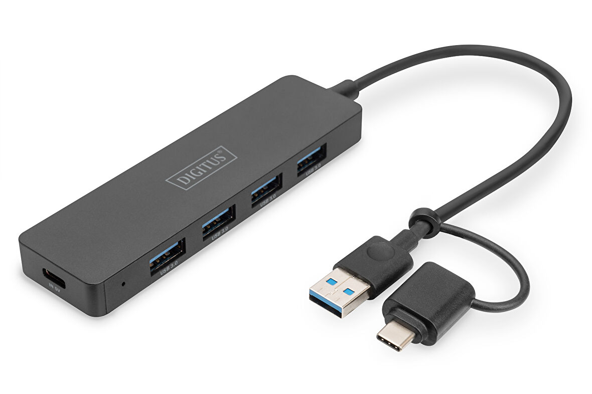 Digitus 4 Port USB 3.0 Hub, İnce Tip, USB-C Adaptörlü, 5Gbps, 0,2 metre kabloDigitus USB 3.0 Hub 4-Port, Slimline with USB-C Adapter, 5Gbps, 0,2m cable