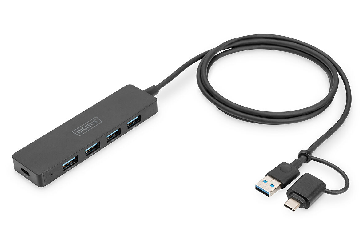 Digitus 4-Port USB 3.0 Hub, İnce Tip, USB-C Adaptörlü, 5Gbps, 1,2 metre kablo dahilDigitus 4-Port USB 3.0 Hub, Slimline with USB-C Adapter, 5Gbps, 1,2m cable