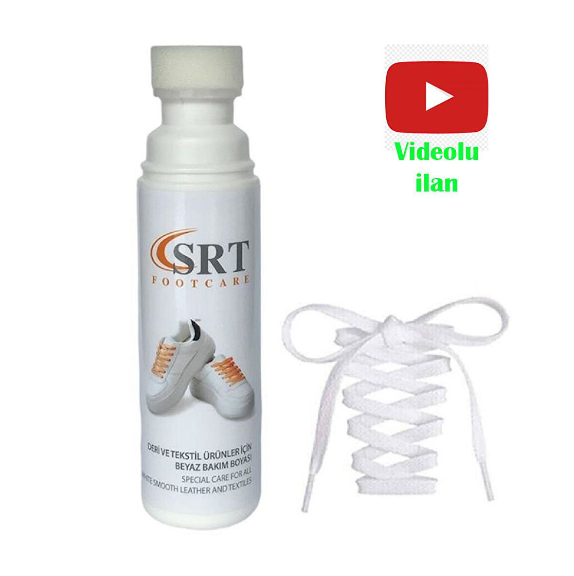 SRTfootcare Spor Beyaz Deri Ve Kumaş Ayakkabı Bakım Boyası 75 Ml 1 Adet + 1 Çift K103 Spor Beyaz Bağcık