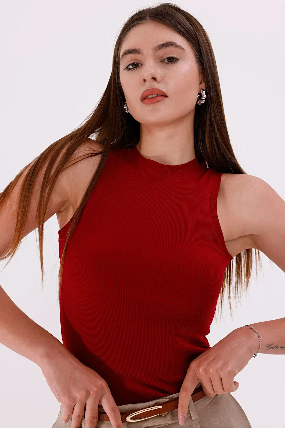 Kadın Halter Yaka Fitilli Bluz Bordo - Srt5003