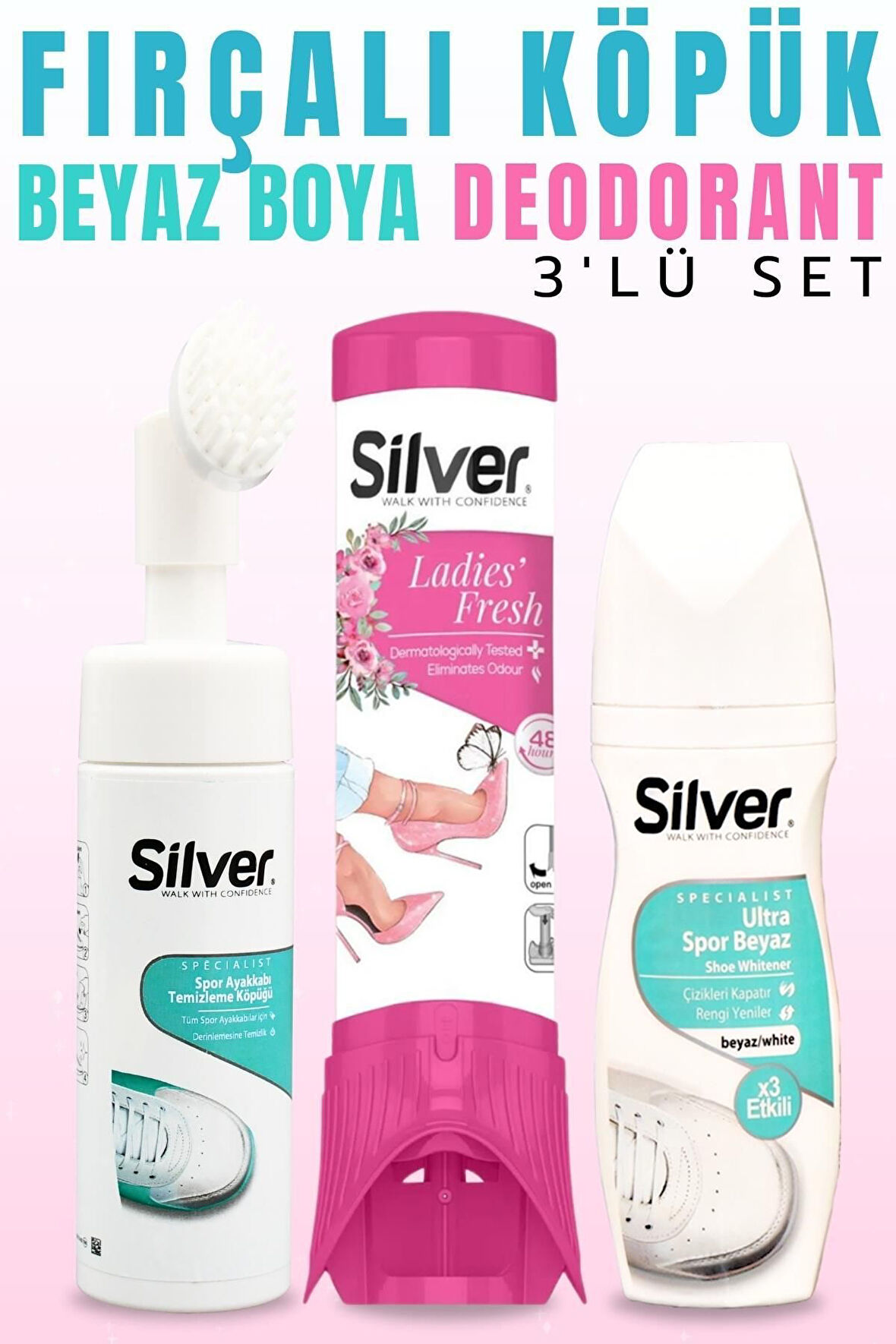 SİLVER Kadın Ayakkabı Deodorantı + Ultra Beyaz Ayakkabı Boyası + Fırçalı Temizleme Köpüğü 3'lü Set