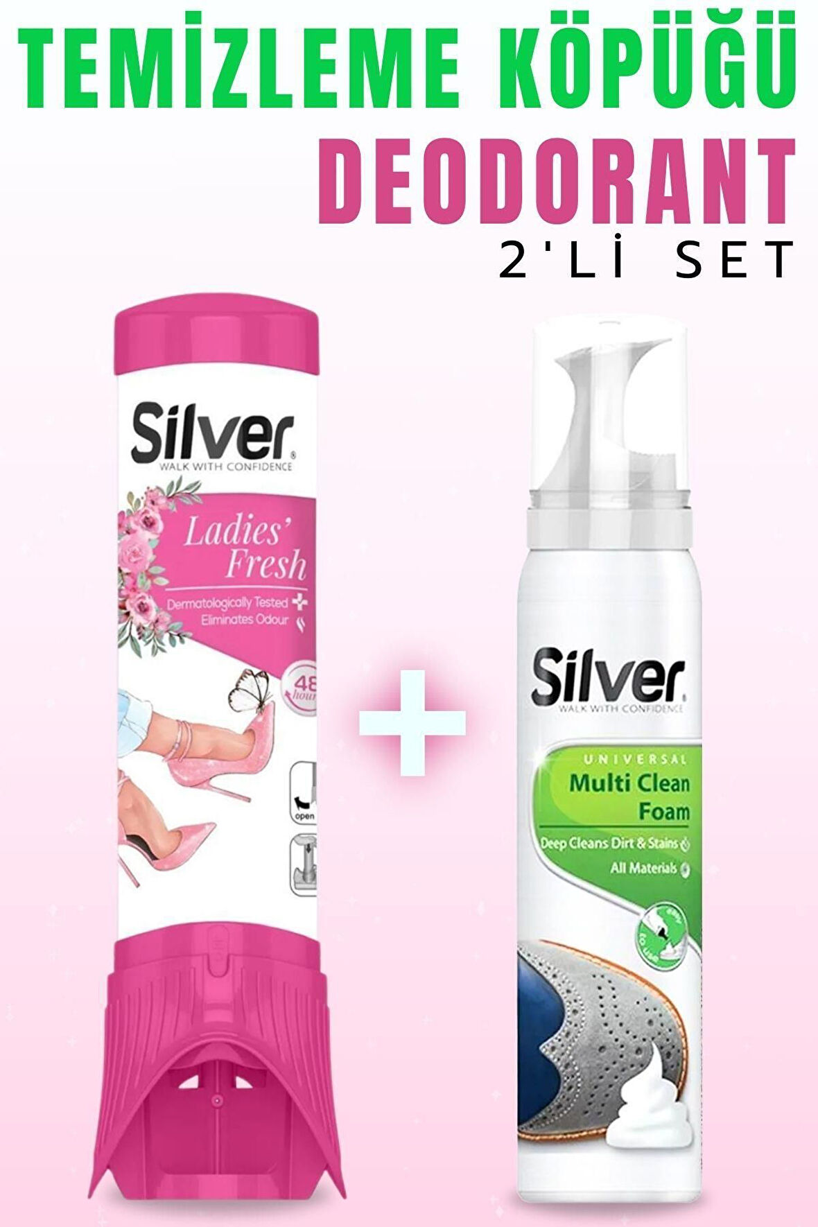 SİLVER Kadın Ayakkabı Deodorantı + Süngerli Temizleme Köpüğü 2'li Set