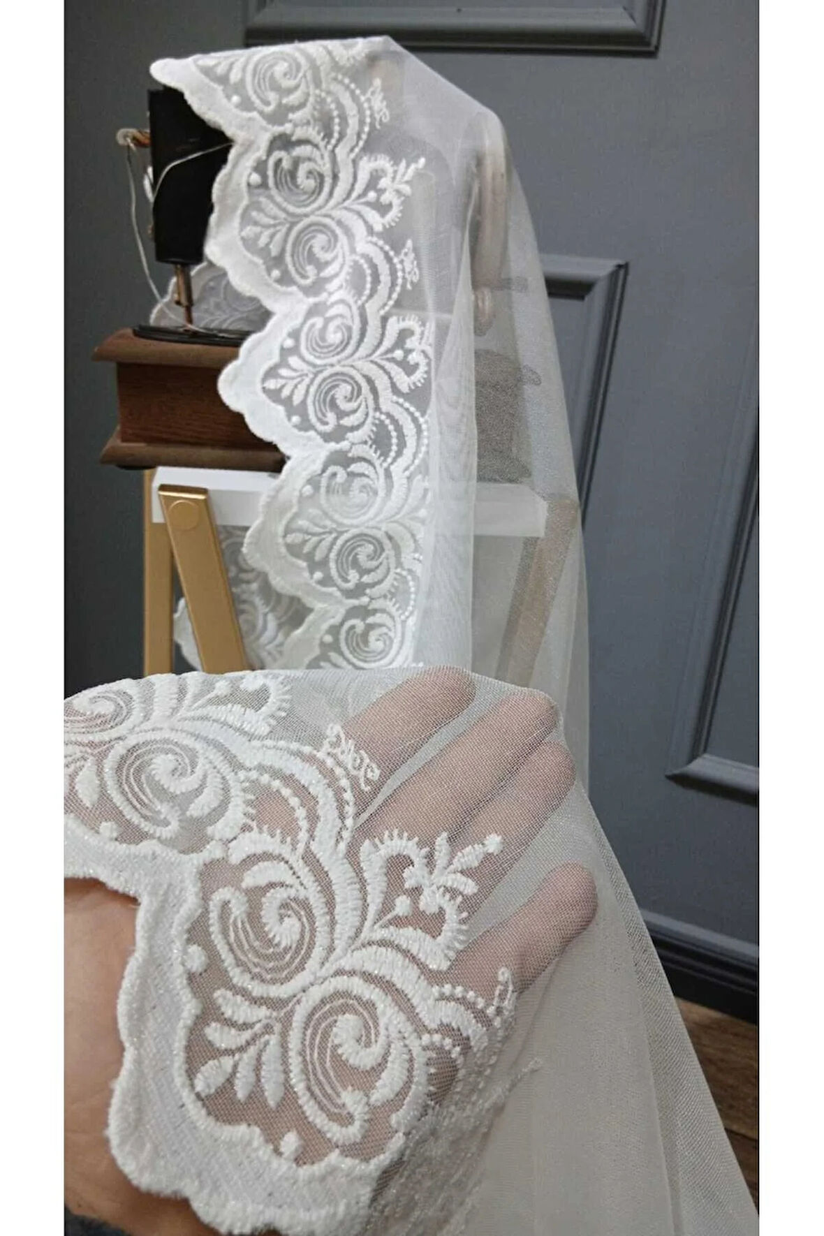 Taç Etek Nakışlı Sade Düz Modern Tasarım 2Kat Pileli Tül Perde