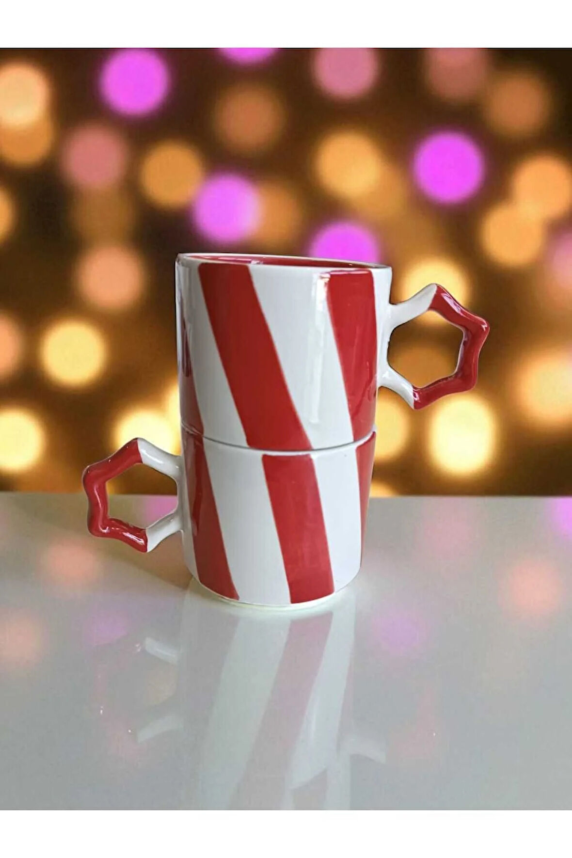 2 li El İşi Şeritli İki Renk Doğal Seramik Mug Kupa Çay / Cappuccino Fincanı