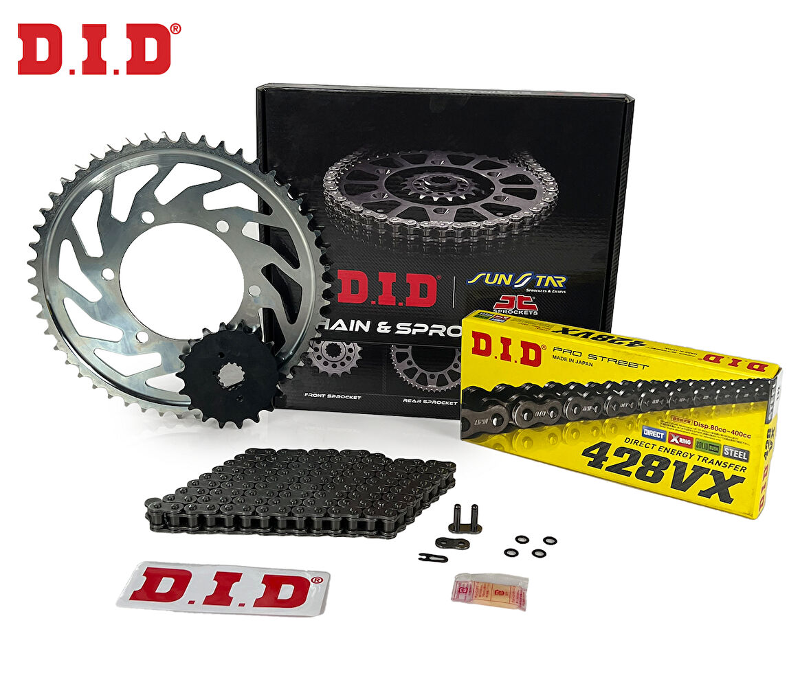 ZİNCİR DİŞLİ SETİ HONDA CBR 125 R (125 cc)  (2004-2010) / HONDA / CBR 125 R / 125cc / ZİNCİR: DID-428VX (Çelik)-124 / ÖN-ARKA DİŞLİ: SUNSTAR (15T-42T) / 2004-2005-2006-2007-2008-2009-2010