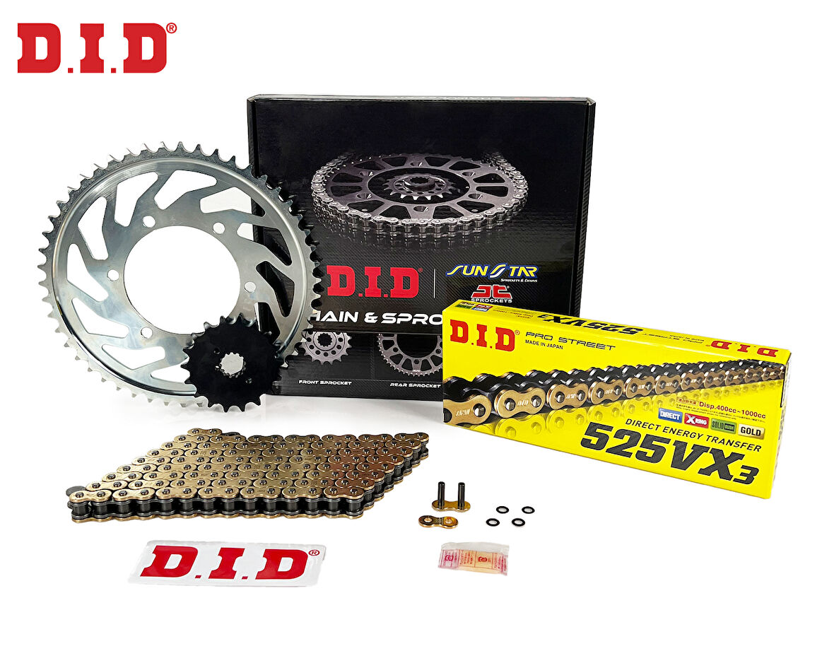 ZİNCİR DİŞLİ SETİ HONDA CBR 600RR (600 cc)  (2003-2006) / HONDA / CBR 600RR / 600cc / ZİNCİR: DID-525VX3 (Gold)-112 / ÖN-ARKA DİŞLİ: SUNSTAR (16T-42T) / 2003-2004-2005-2006