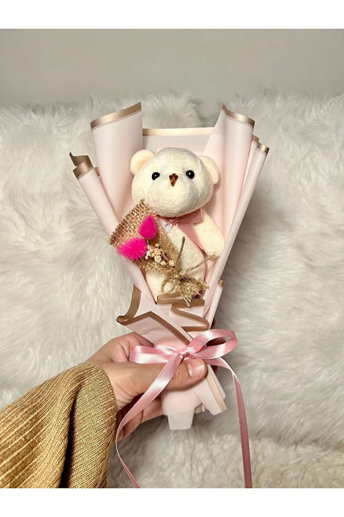 Tekli Mini Ayıcık Buketi, Çiçekli Pembe Ayıcık Buketi, Özel Günler Için Sevgiliye Hediye