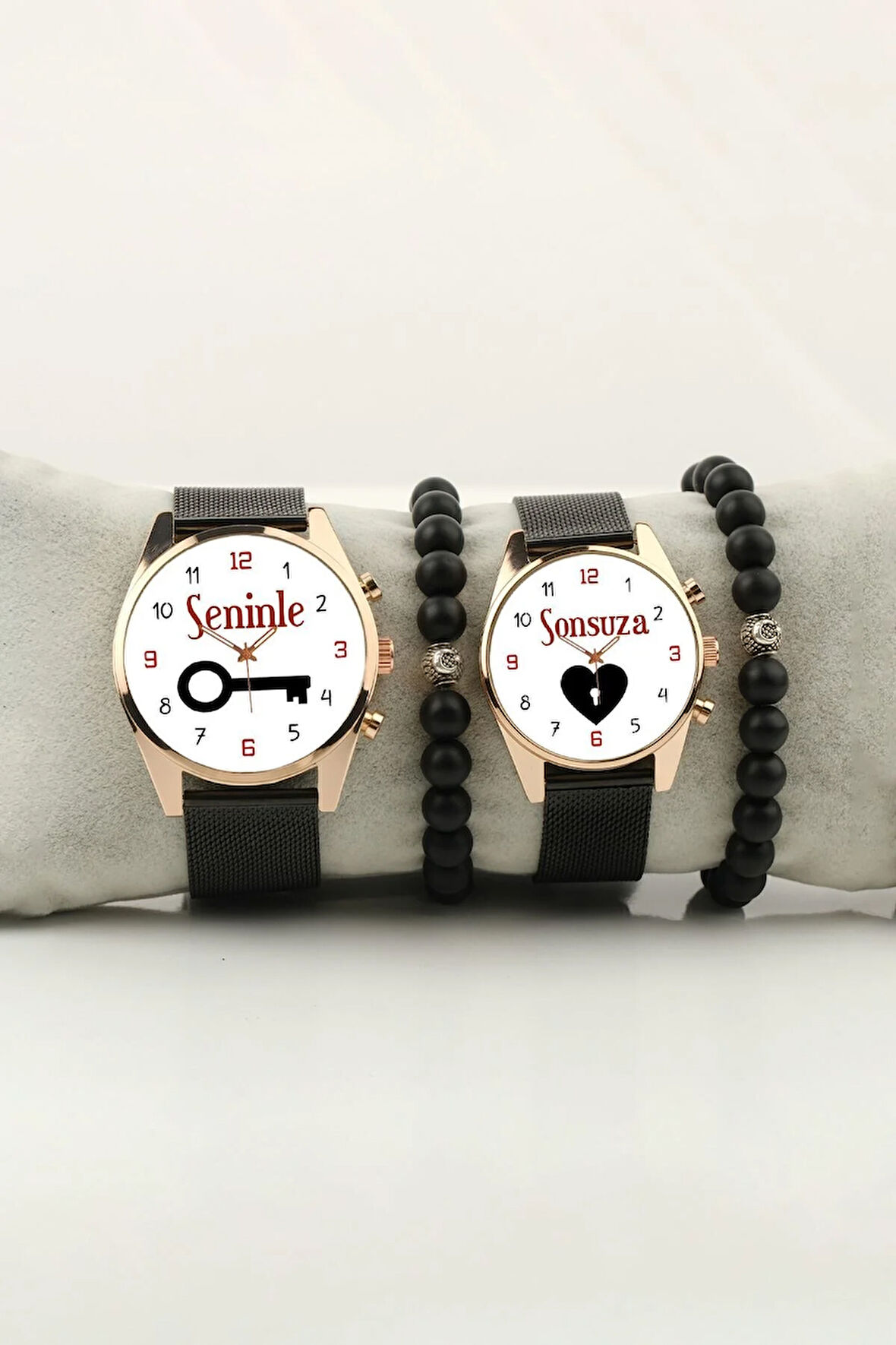 Seninle Sonsuza Kalp Kilit Çift Kol Saati Set Bileklik Hediye Özel Sevgili Saatleri