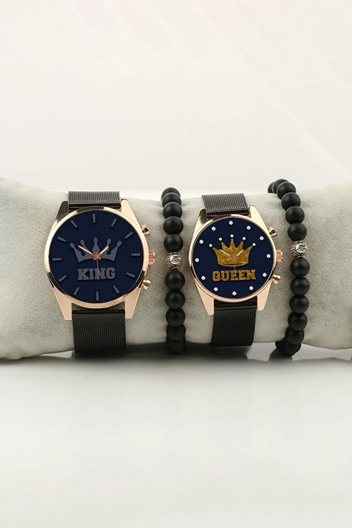 King and Queen Mavi Zemin Çift Kol Saati Set Bileklik Hediye Özel Sevgili Saatleri