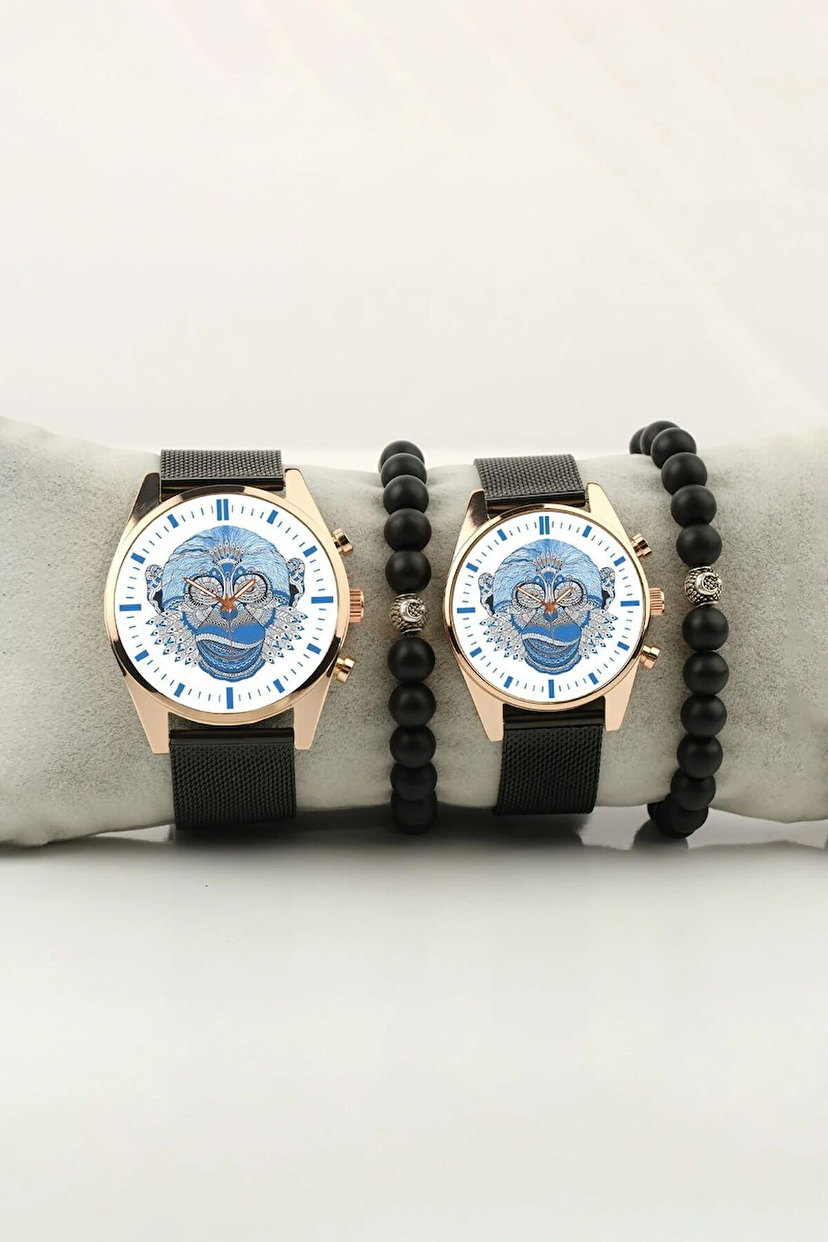 Maymun Mavi Simge Çift Kol Saati Set Bileklik Hediye Özel Sevgili Saatleri