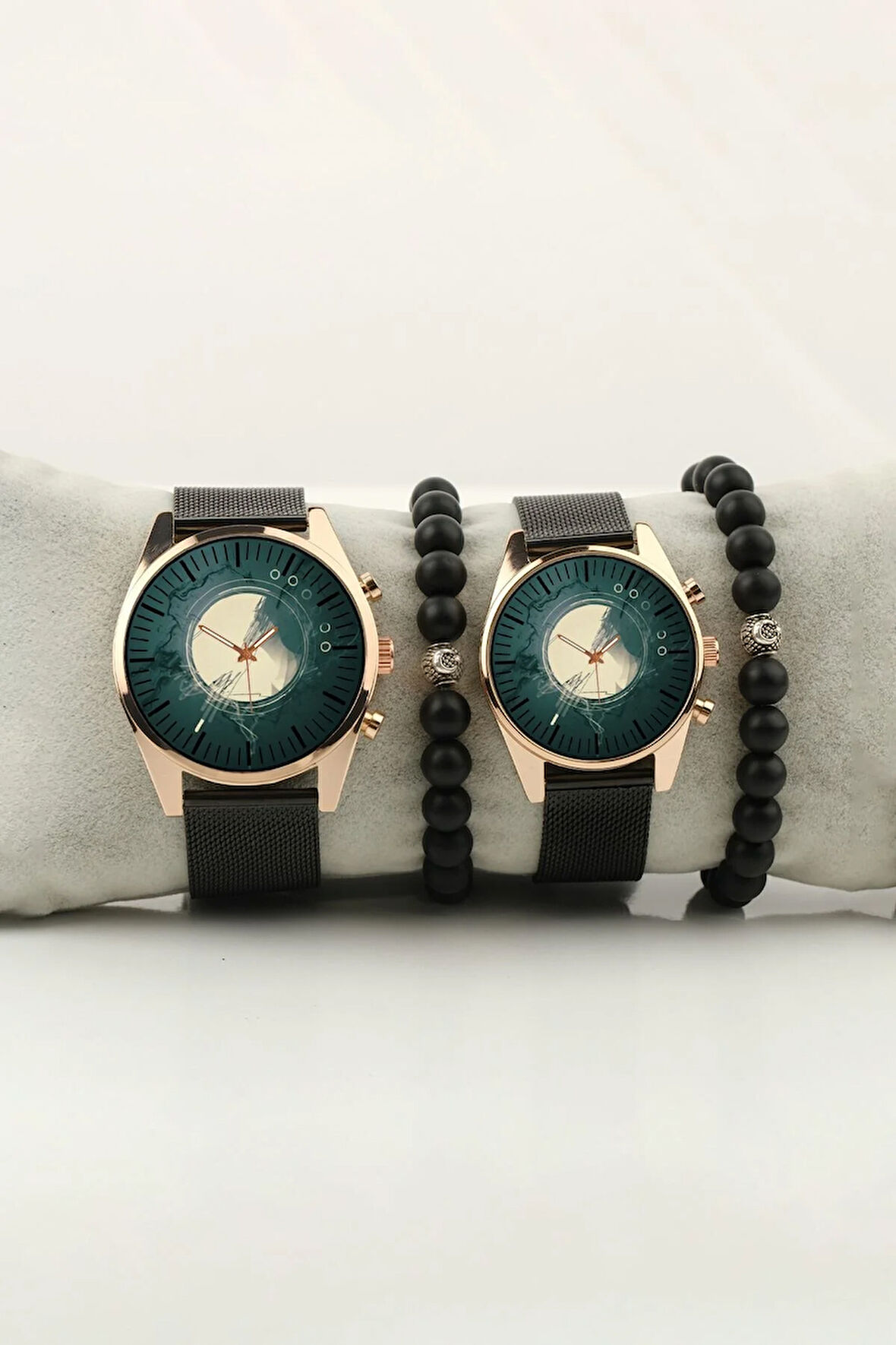 Ay Parçası Gökyüzü Gece Çift Kol Saati Set Bileklik Hediye Özel Sevgili Saatleri