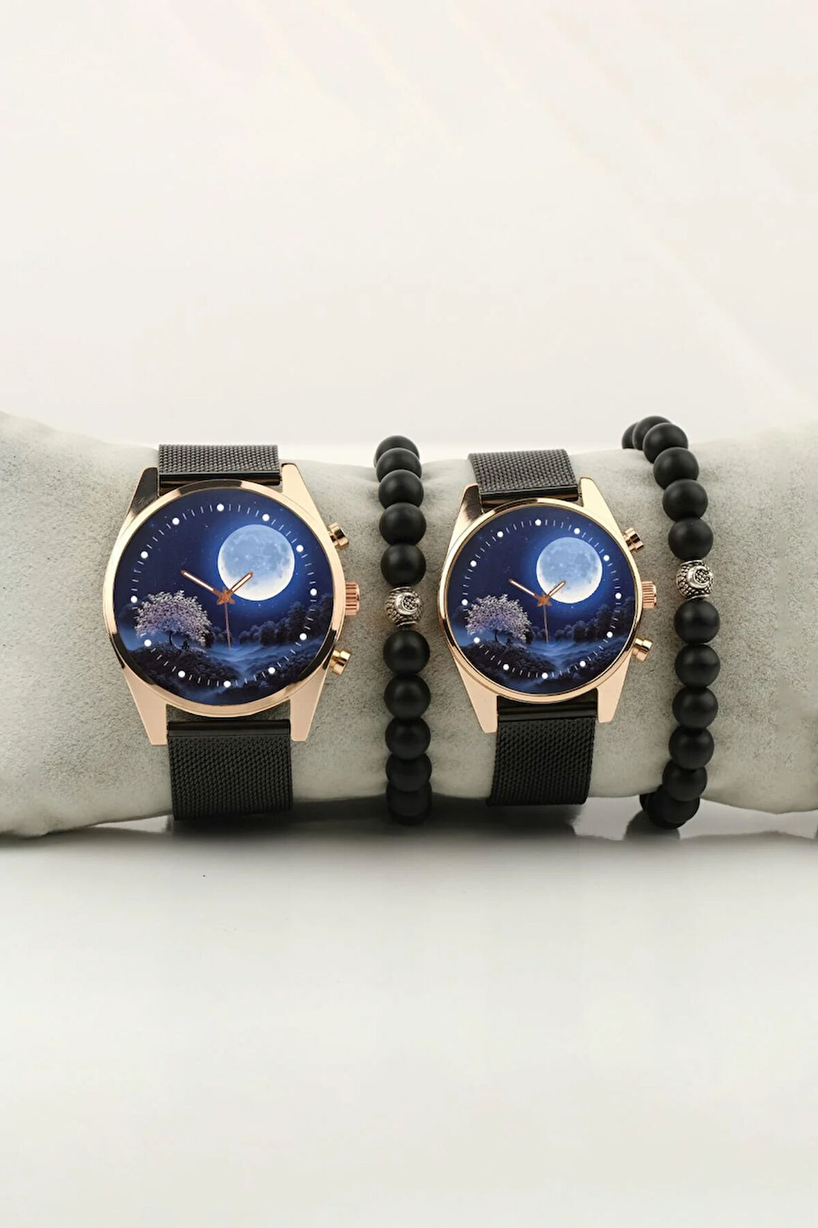 Mavi Ay Parçası Gökyüzü Gece Çift Kol Saati Set Bileklik Hediye Özel Sevgili Saatleri