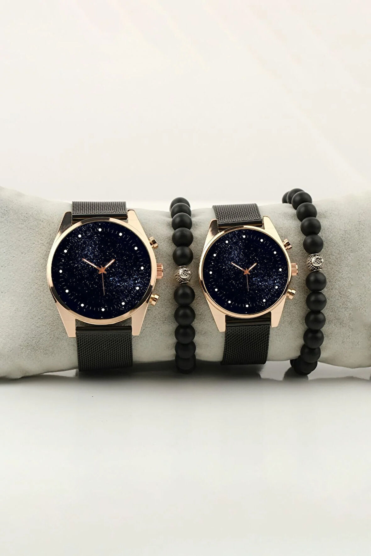 Yıldızlar Gökyüzü Uzay Gold Çift Kol Saati Set Bileklik Hediye Sevgili Saatleri