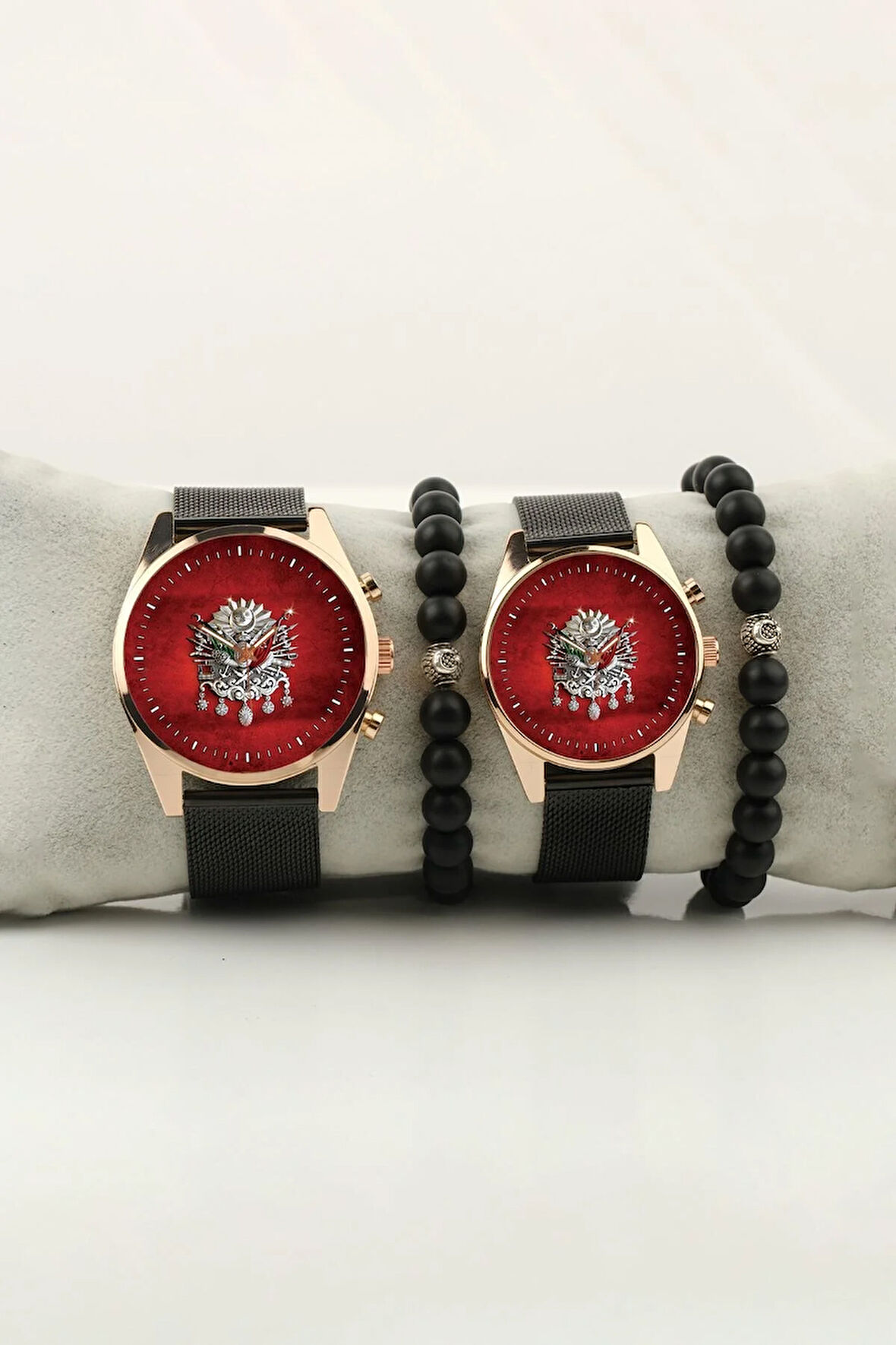 Osmanlı Tuğra Kırmızı Fon Gold Çift Kol Saati Set Bileklik Hediye