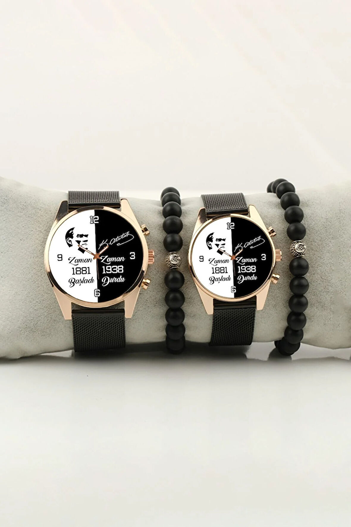 Atatürk Zaman Başladı Zaman Durdu Gold Çift Kol Saati Set Bileklik Hediye