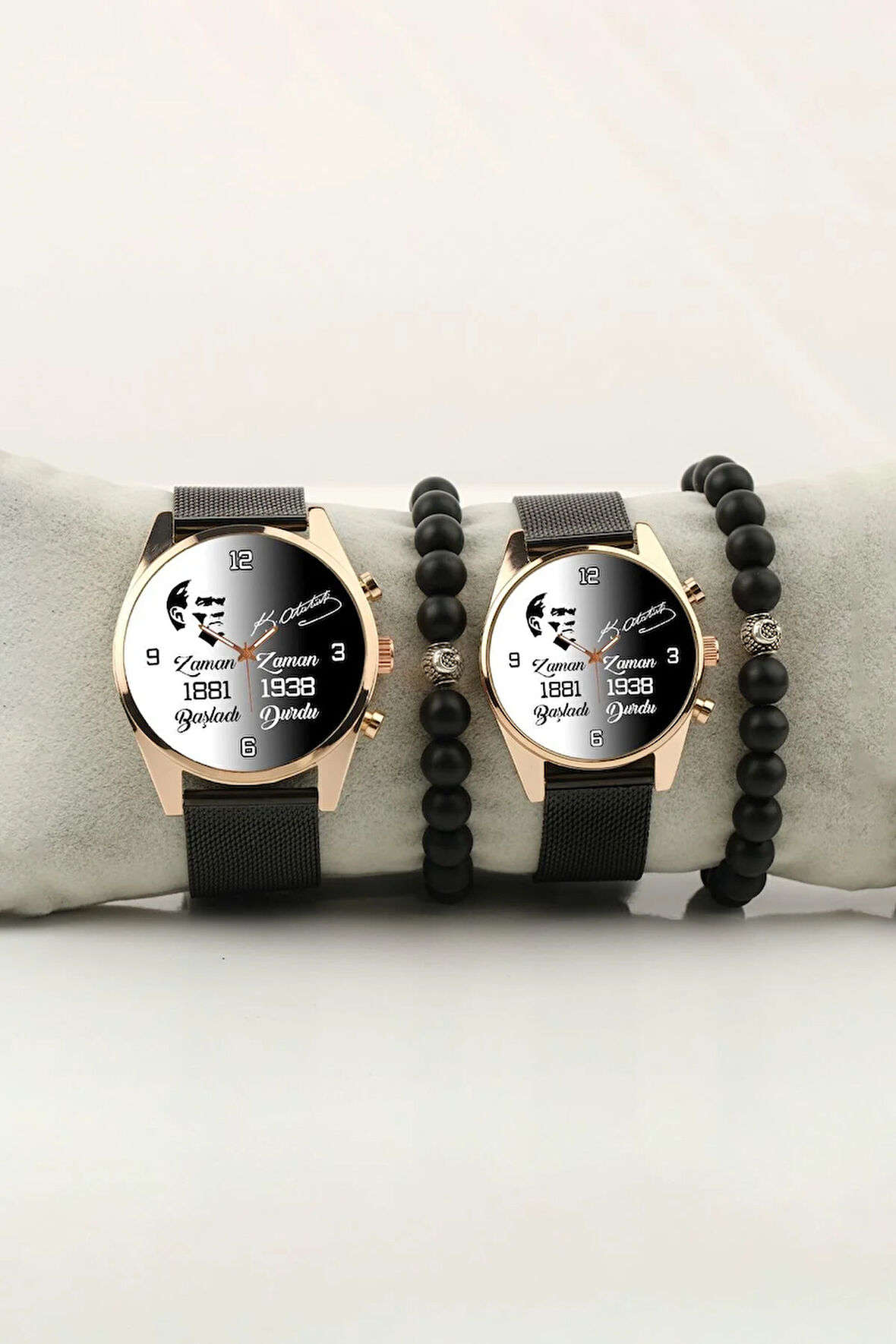 Atatürk Zaman Başladı Zaman Durdu Geçişli Gold Çift Kol Saati Set Bileklik Hediye