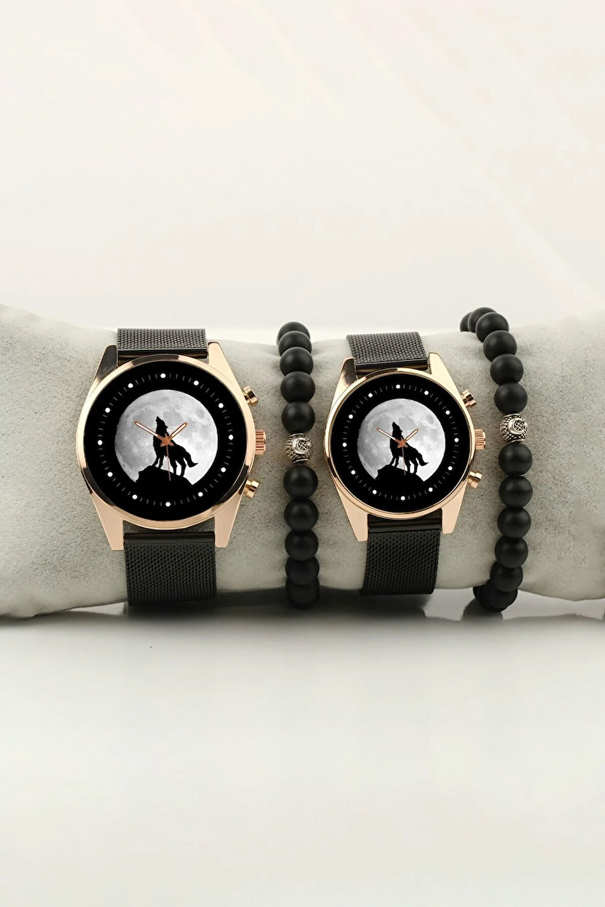 Uluyan Kurt Ay Simge Gold Çift Kol Saati Set Bileklik Hediye Bay