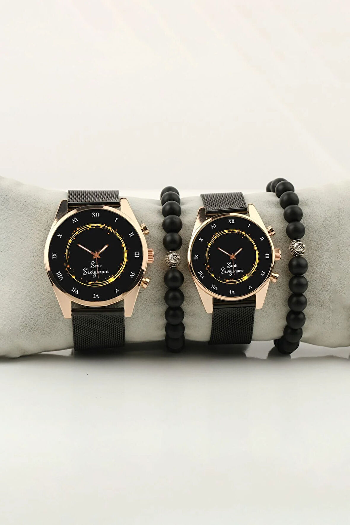 Seni Seviyorum Çember Gold Çift Kol Saati Set Bileklik Hediye Bay