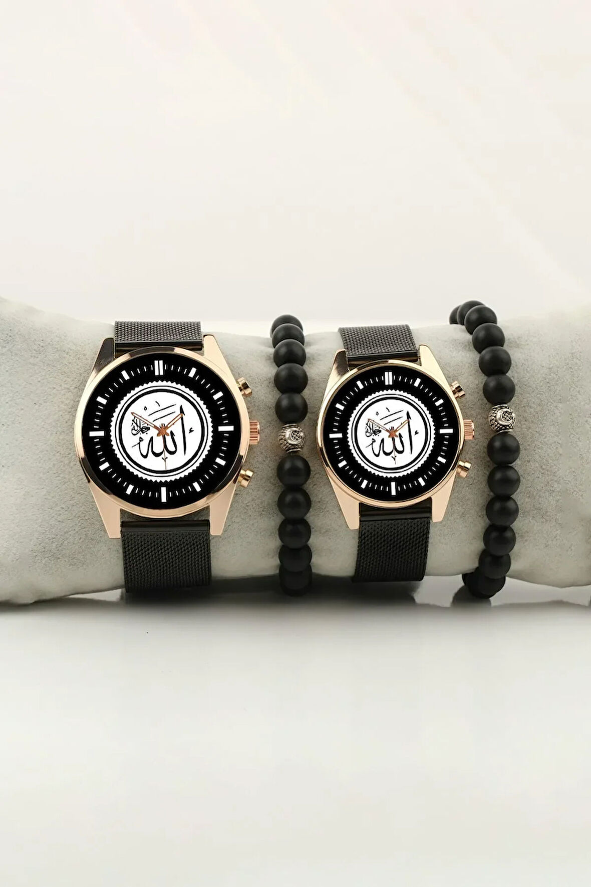 Allah c.c Yazılı Gold Kasa Çift Kol Saati Set Bileklik Hediye Bay