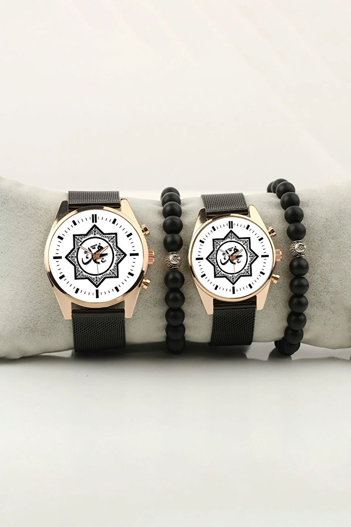 Hz Muhammed Yazılı Tasarım Gold Kasa Çift Kol Saati Set Bileklik Hediye Bay