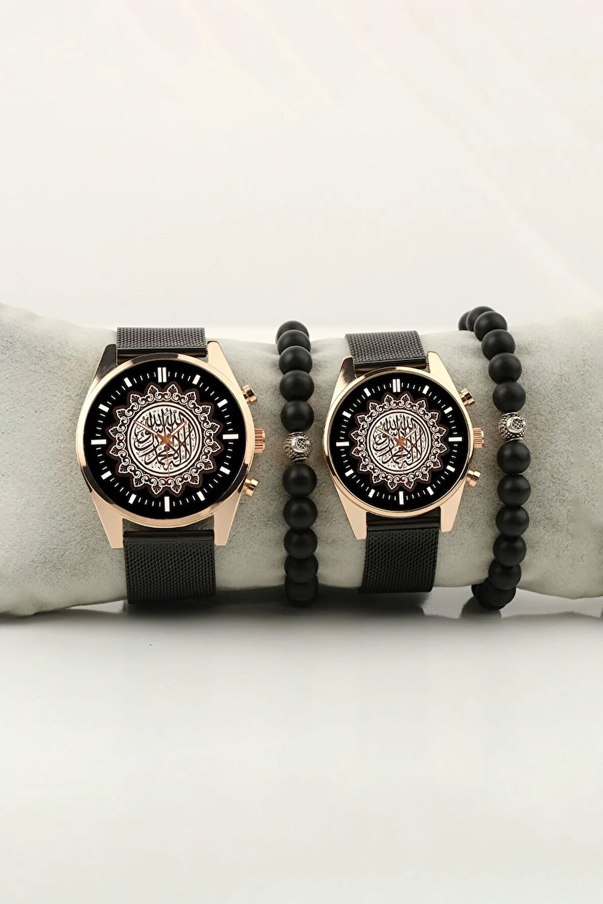 Kelime-i Tevhid Tasarım Gold Kasa Çift Kol Saati Set Bileklik Hediye Bay